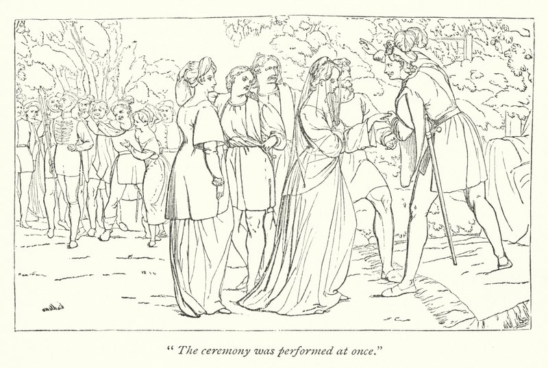 Shakespeares tolvte nat; Orsino modtager Viola fra hænderne på sin beskytter (gravering) af English School