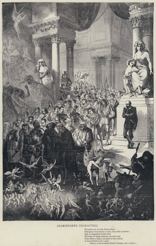 Shakespeares figurer, Theseus, i skærsommernatsdrøm, akt v, scene 1 (gravering) af English School