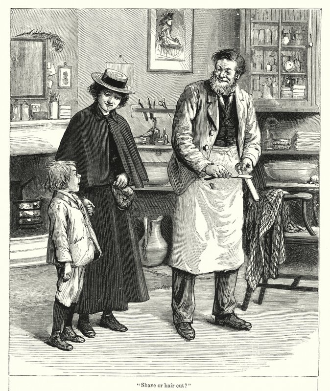 "Barbering eller klipning?" (gravering) af English School