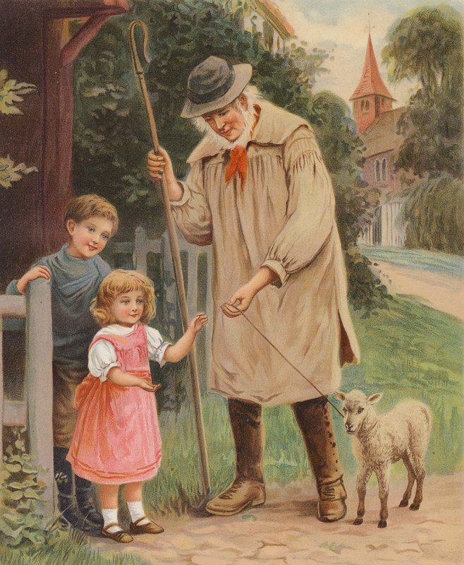 Hyrde giver tøjlerne til et kæledyrslam til en lille pige (chromolitho) af English School