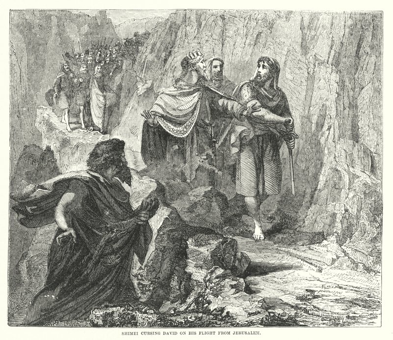 Shimei forbander David på hans flugt fra Jerusalem (gravering) af English School