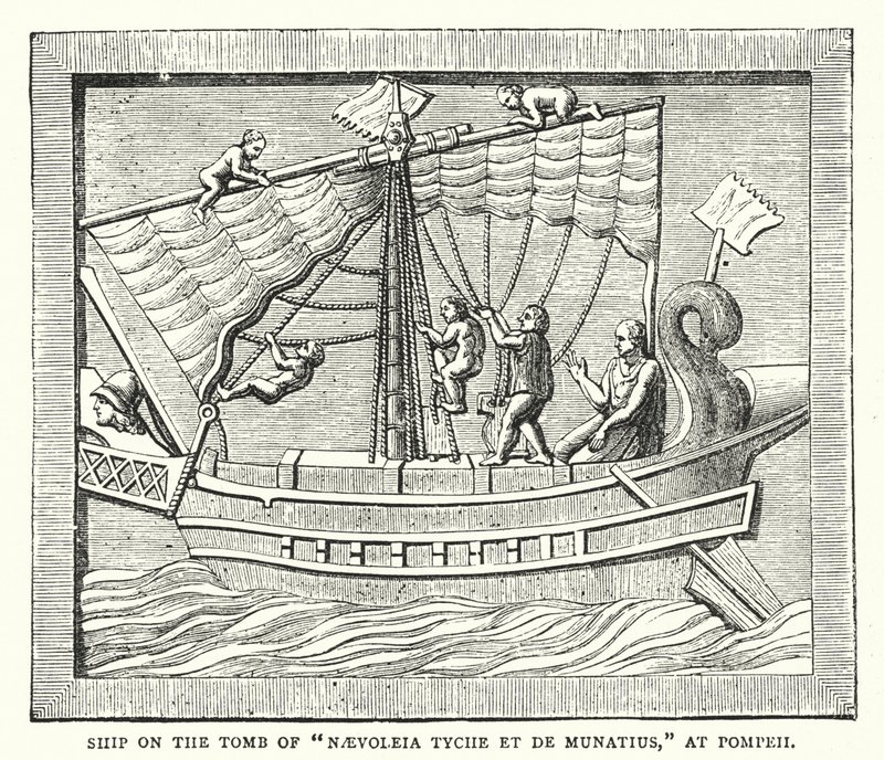 Skib på graven af ​​"Naevoleia Tyche et de Munatius," ved Pompeji (farvet gravering) af English School