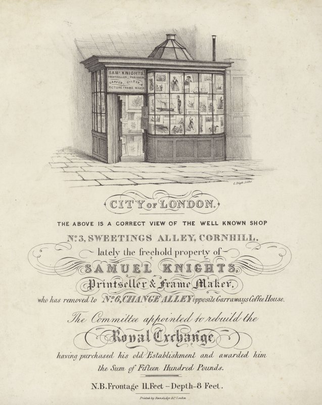 Butik af Samuel Knights, tryksælger og rammemager, 3 Sweetings Alley, Cornhill, City of London af English School