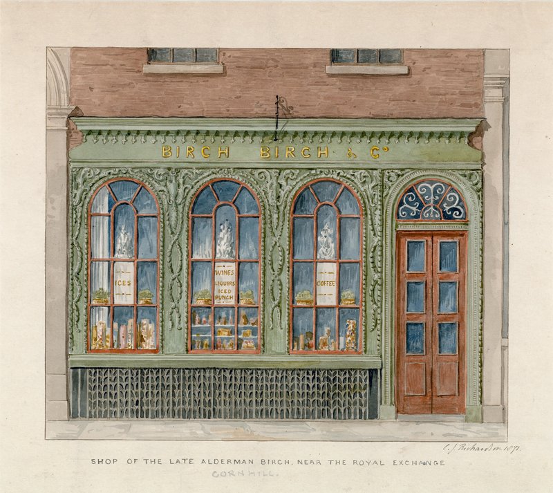 Butik af afdøde rådmand Birch nær Den Kongelige Børs. 1871 (wc på papir) af English School
