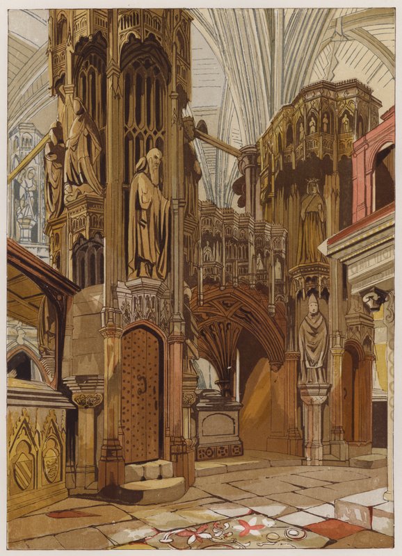 Henrik den Femtes helligdom (farve litho) af English School