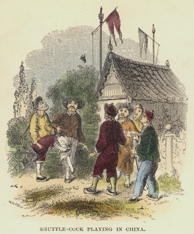 Shuttle-cock-spil i Kina (farvet gravering) af English School