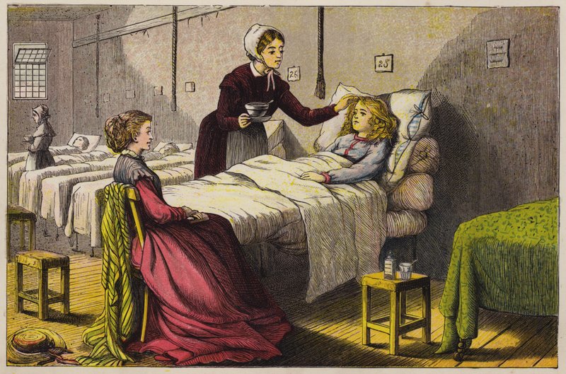 Syg lille pige bliver passet på hospitalet (farvet indgravering) af English School