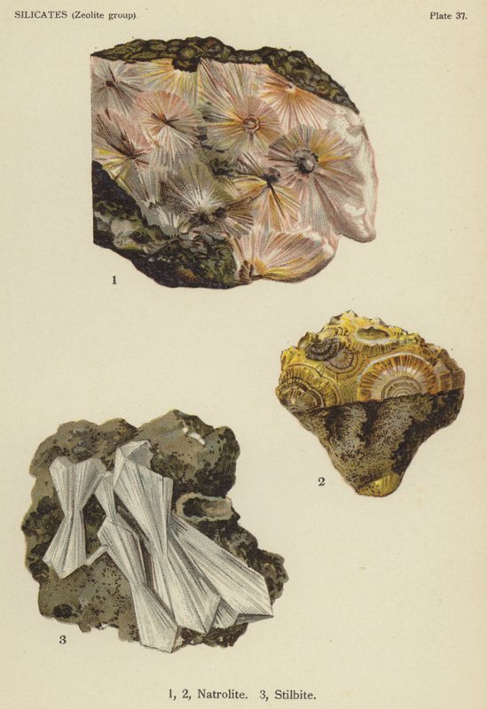 Silikater (zeolitgruppe), natrolit, stilbit (farve litho) af English School