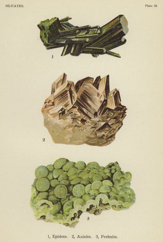 Silikater, epidot, axinit, prehnit (farve litho) af English School