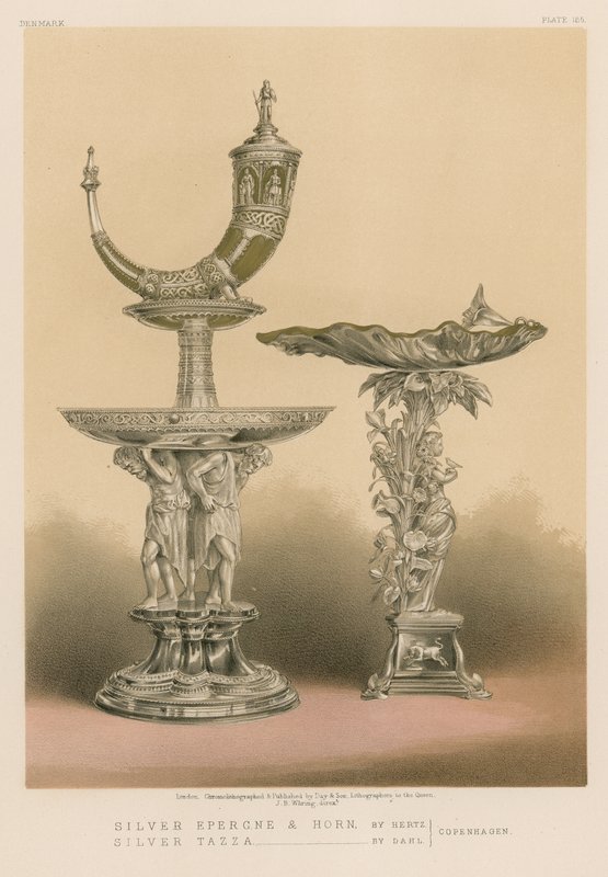 Silver Epergne og Horn af Hertz, Silver Tazza af Dahl, København af English School
