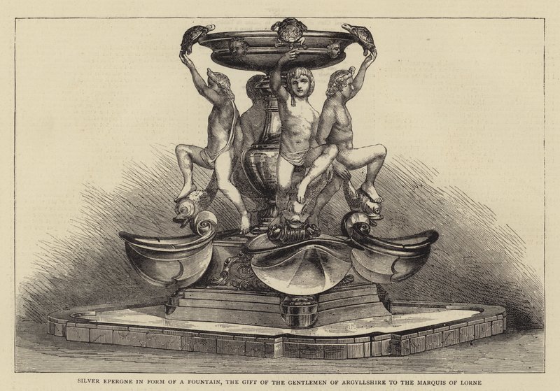 Sølv Epergne i form af en fontæne, herrernes gave fra Argyllshire til markisen af Lorne (gravering) af English School