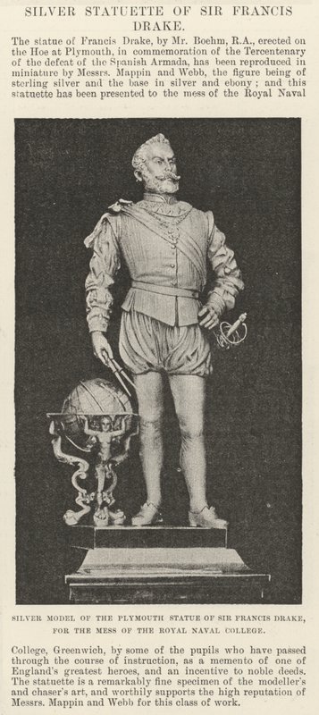 Sølvmodel af Plymouth-statuen af Sir Francis Drake, til messen på Royal Naval College (gravering) af English School