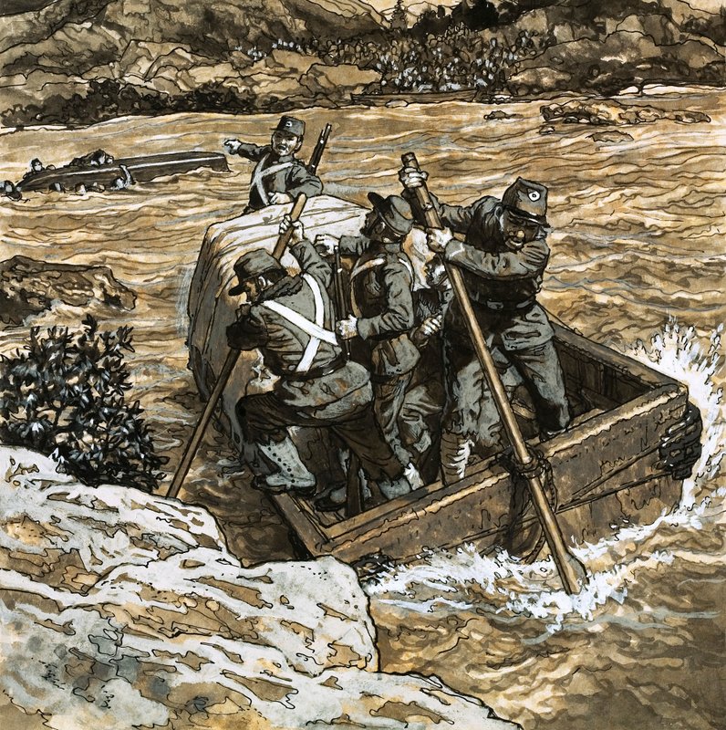 Simon Bolivars episke march over Andesbjergene (gouache på papir) af English School