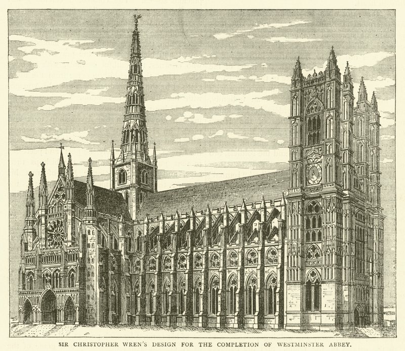 Sir Christopher Wrens design til færdiggørelsen af Westminster Abbey (gravering) af English School