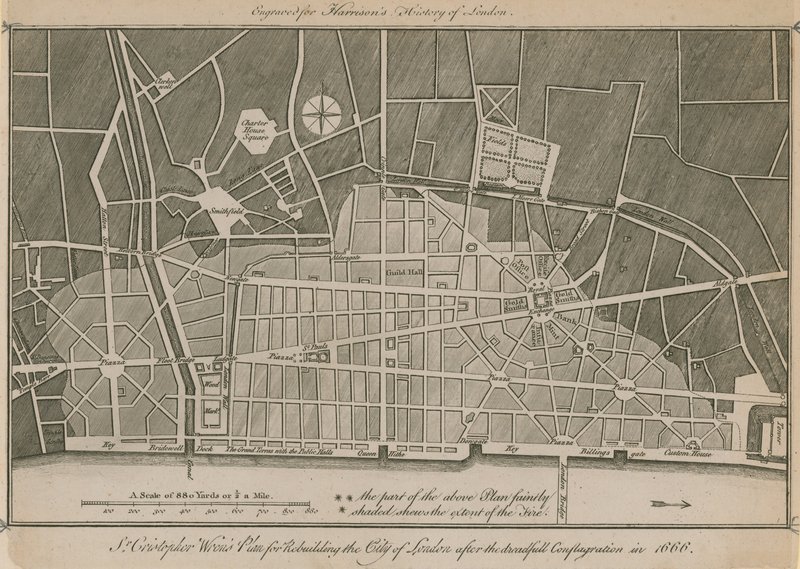 Sir Christopher Wrens planlægger at genopbygge City of London efter den frygtelige brand i 1666 af English School