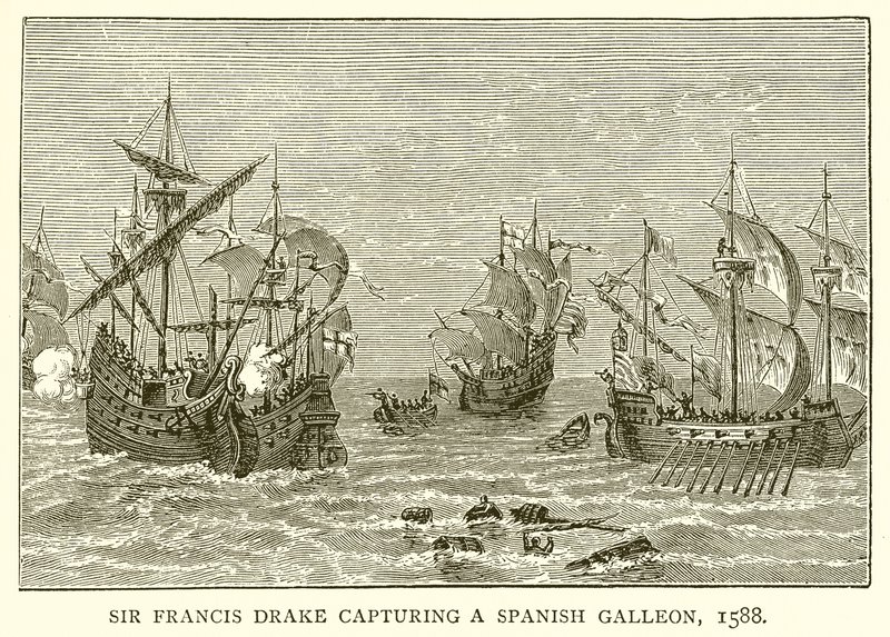 Sir Francis Drake fangede en spansk galleon, 1588 af English School