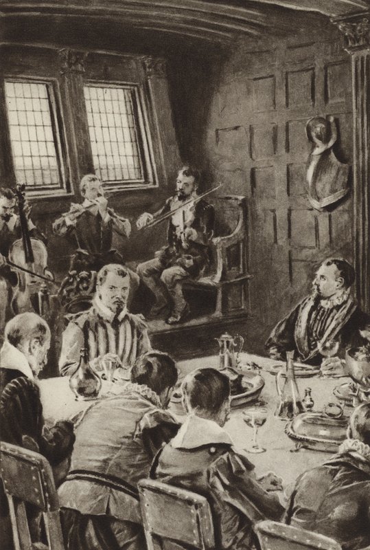 Sir Francis Drake, der spiser på The Golden Hind til lyden af violiner af English School