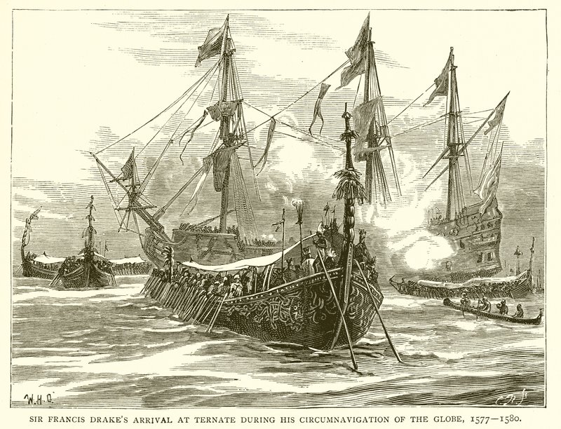 Sir Francis Drakes Ankomst til Ternate under hans Circumnavigation of the Globe, 1577--1580 af English School