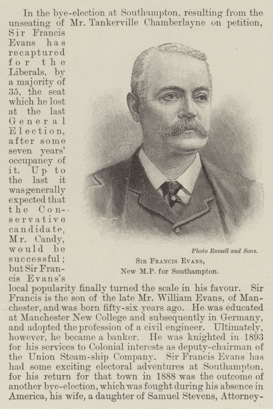 Sir Francis Evans, nyt parlamentsmedlem for Southampton (gravering) af English School