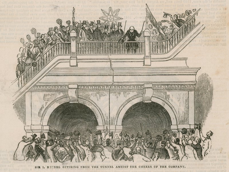 Sir Isambard Brunel trækker sig tilbage fra tunnelen under selskabets jubel af English School