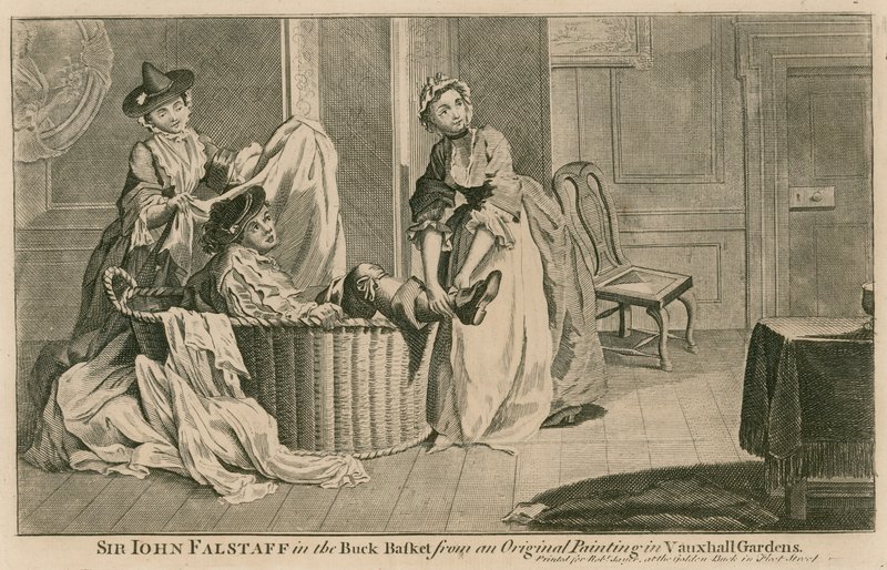 Sir John Falstaff i bukkekurven, fra et originalt maleri i Vauxhall Gardens, London af English School
