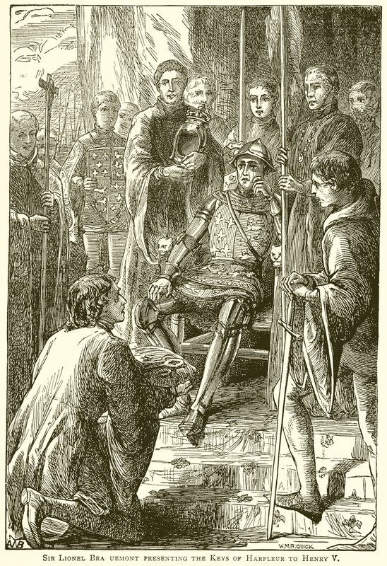 Sir Lionel Bra Uemont præsenterer Keys of Harfleur til Henry V af English School