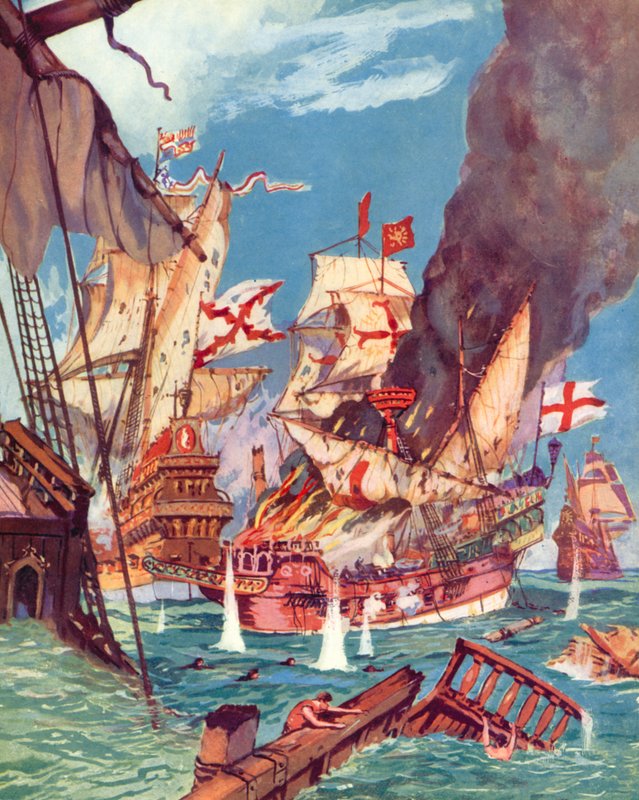 Sir Richard Grenville, Battle Of Flores (farve litho) af English School