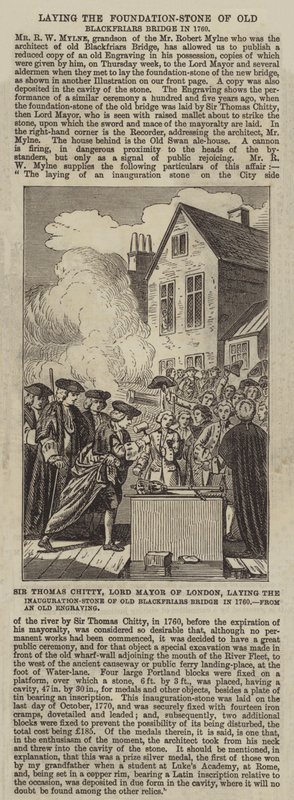 Sir Thomas Chitty, overborgmester i London, lægger indvielsesstenen til Old Blackfriars Bridge i 1760 af English School