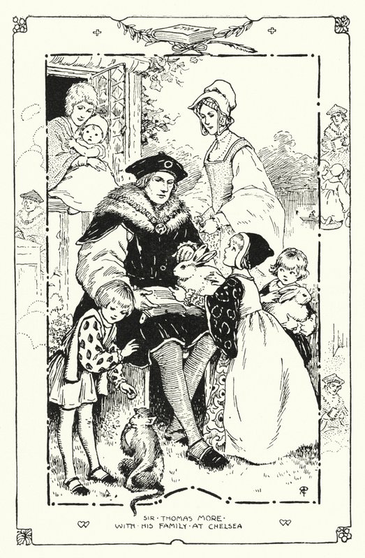 Sir Thomas More med sin familie i Chelsea (litho) af English School