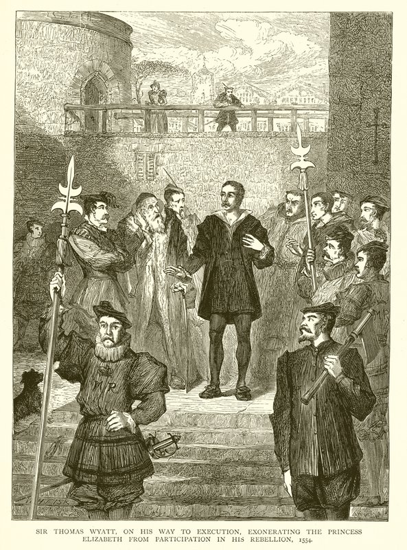 Sir Thomas Wyatt, på vej til henrettelse, frikender prinsesse Elizabeth fra deltagelse i hans oprør, 1554 af English School