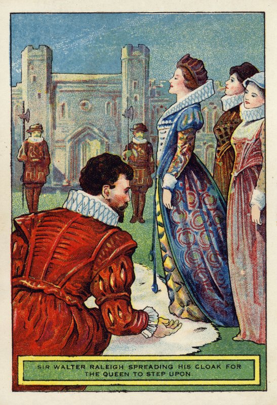 Sir Walter Raleigh breder sin kappe for dronningen at træde på af English School