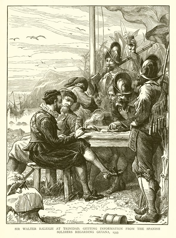 Sir Walter Raleigh på Trinidad, får information fra de spanske soldater om Guyana, 1595 af English School