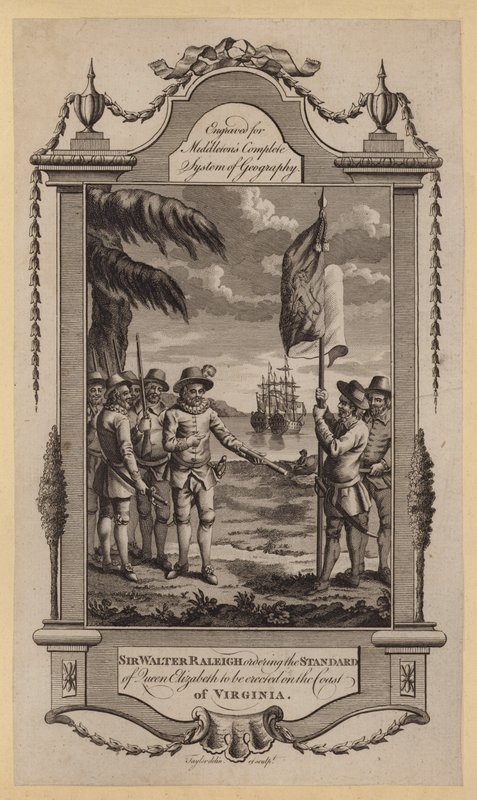 Sir Walter Raleigh beordrer dronning Elizabeths standard til at blive opført på kysten af Virginia (gravering) af English School
