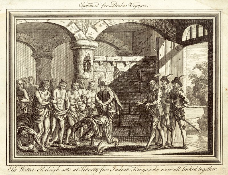 Sir Walter Raleigh frigiver fem indiske konger, som alle var forbundet med hinanden (kobberstik) af English School