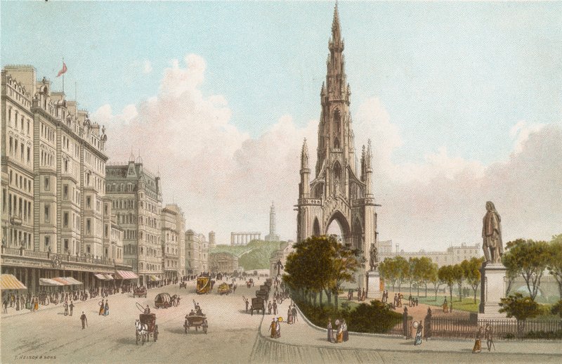 Sir Walter Scotts monument og Princes Street, Edinburgh af English School
