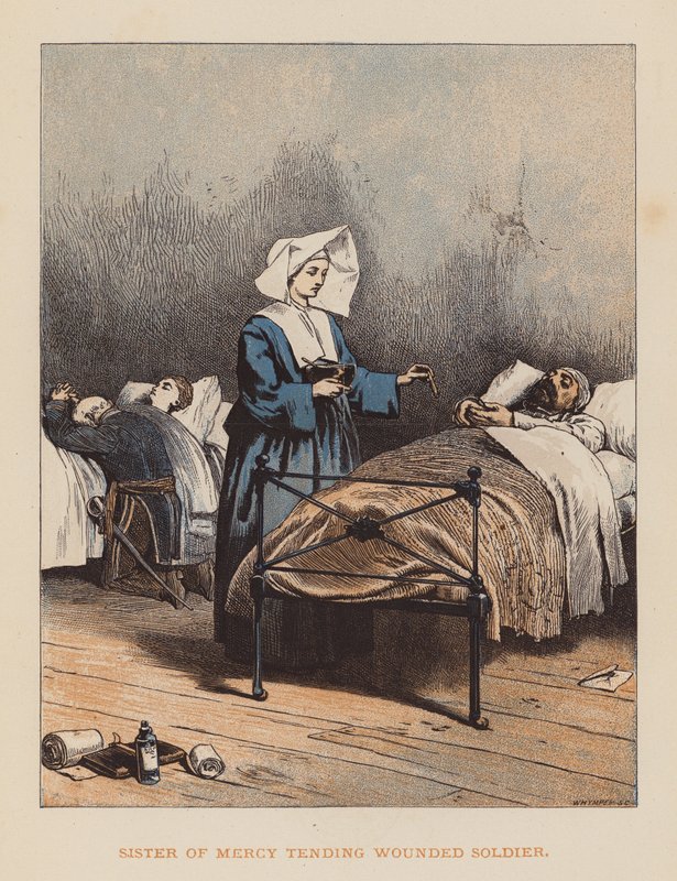 Barmhjertighedssøster plejer såret soldat (koloreret gravure) af English School