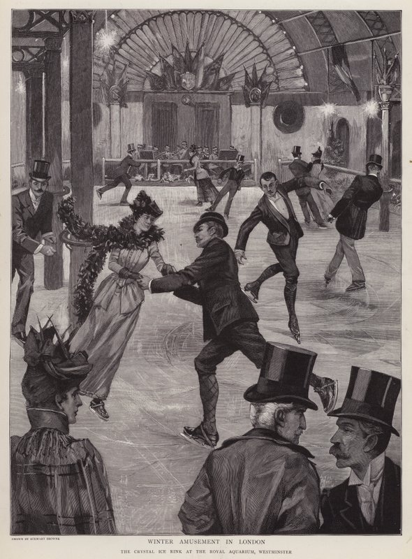 Skøjteløb på Crystal Ice Rink ved Royal Aquarium, Westminster, London (litho) af English School
