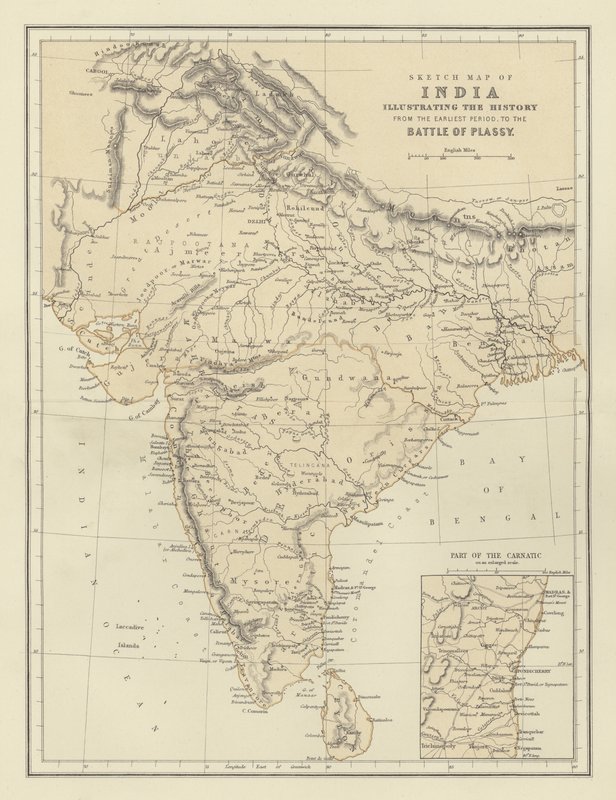 Skitsekort over Indien, der illustrerer historien fra den tidligste periode til slaget ved Plassy af English School