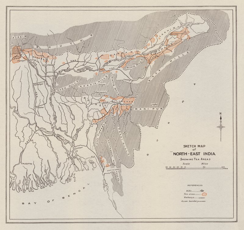 Kortskitse over det nordøstlige Indien (litografi) af English School