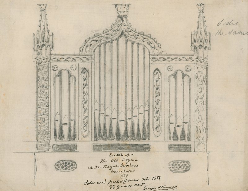 Skitse af det gamle orgel i Royal Gardens (Vauxhall Gardens, London) af English School