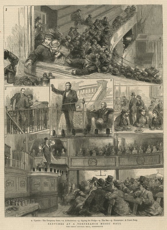 Skitser i en Temperance Music Hall, The Great Central Hall, Bishopsgate af English School