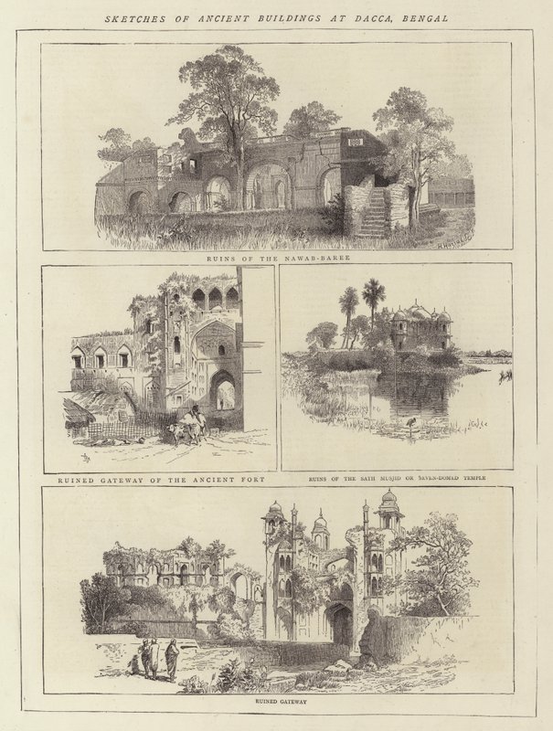 Skitser af gamle bygninger ved Dacca, Bengal (gravering) af English School