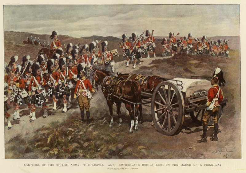 Skitser af den britiske hær, Argyll and Sutherland Highlanders på march på en feltdag (farvelitografi) af English School