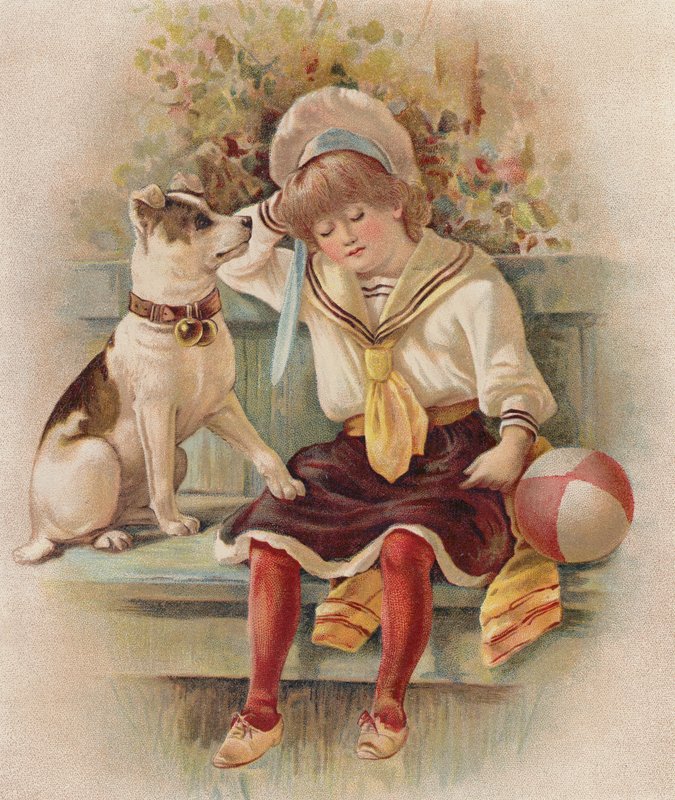 Sovende pige og hendes hund (chromolitho) af English School