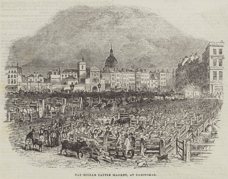 Smithfield Cattle Market, i julen (gravering) af English School