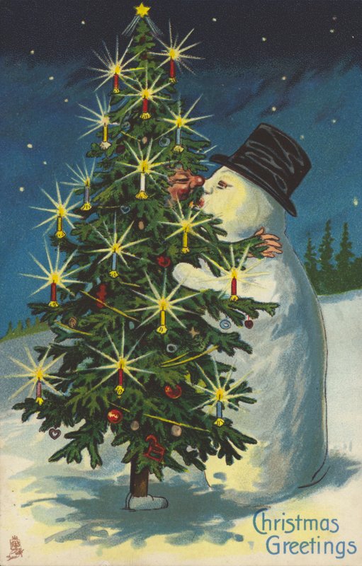Snemand og juletræ kysser (chromolitho) af English School