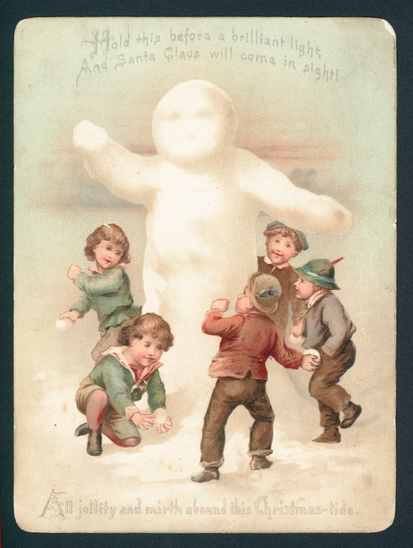 Snemand, børn og snebolde, julekort af English School