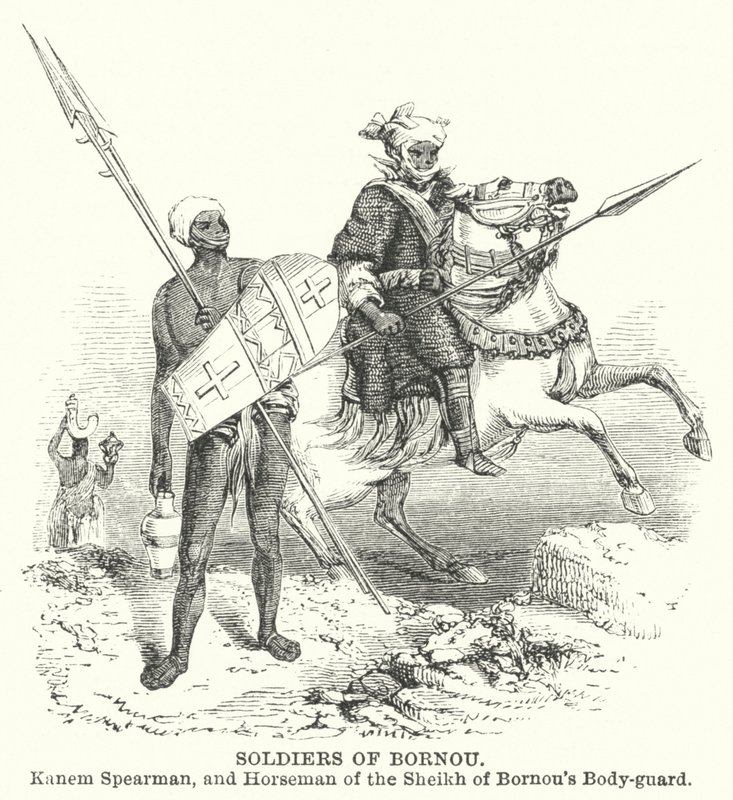 Soldater fra Bornou, Kanem Spearman og ryttere fra sheiken af Bornous livgarde (gravering) af English School
