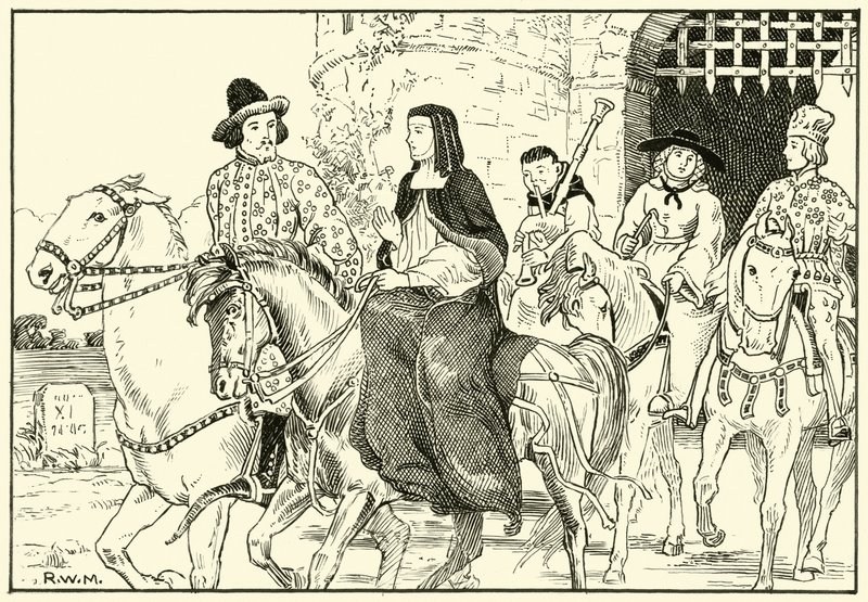 Nogle af Canterbury Pilgrims (blæk på papir) af English School