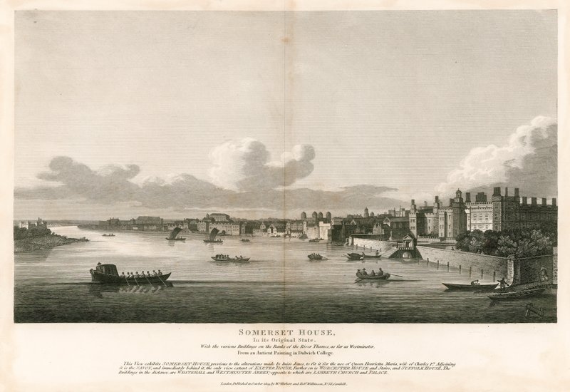 Somerset House, London, i sin oprindelige tilstand med de forskellige bygninger på bredden af Themsen så langt som til Westminster af English School